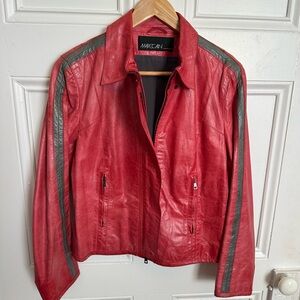 Marc Cain Vibrant Red Leather Jacket with Charcoal Stripes